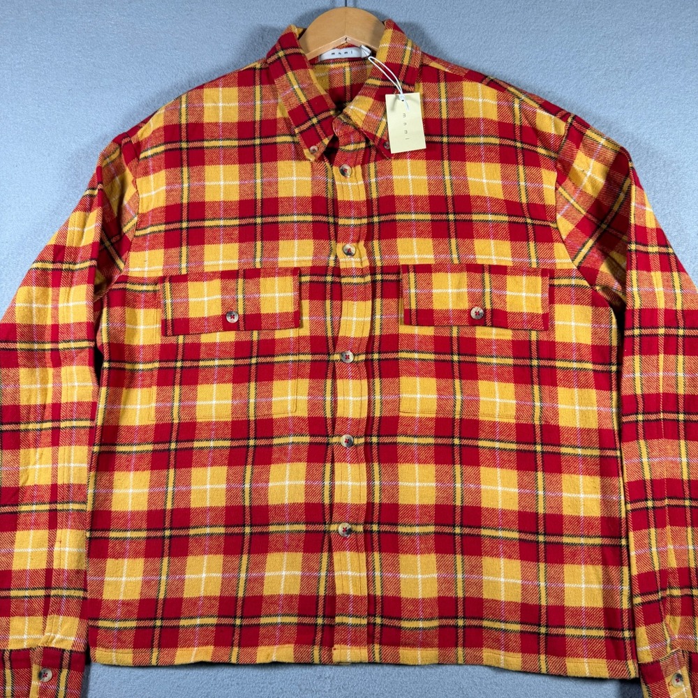 mnml Relaxed Cargo Flannel Shirt Mens Large Yellow Red Plaid M2019-F754-YRD-4